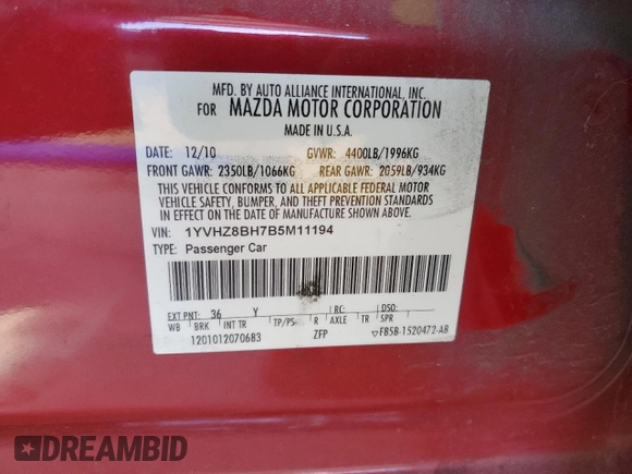 2011 Mazda Mazda6 i Sport with VIN 1YVHZ8BH7B5M11194, listed as a Copart auction lot 45155575 with 140,500 mi miles and Salvage Title. Bid and sale history available at carsss.com. Image 12.