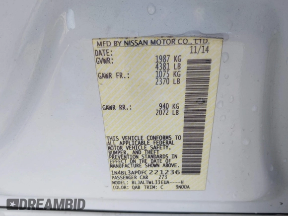 2015 Nissan Altima SL with VIN 1N4BL3AP0FC221236, listed as a IAAI auction lot 41798929 with 122,521 mi miles and . Bid and sale history available at carsss.com. Image 9.