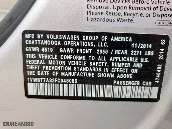 2015 Volkswagen Passat 1.8T SE w/Sunroof & Nav with VIN 1VWBT7A32FC048055, listed as a Copart auction lot 51854075 with 130,743 mi miles and Salvage Title. Bid and sale history available at carsss.com. Image 13.