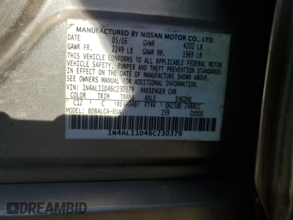 2006 Nissan Altima 2.5 S with VIN 1N4AL11D46C230379, listed as a Copart auction lot 50355015 with 182,752 mi miles and Salvage Title. Bid and sale history available at carsss.com. Image 12.
