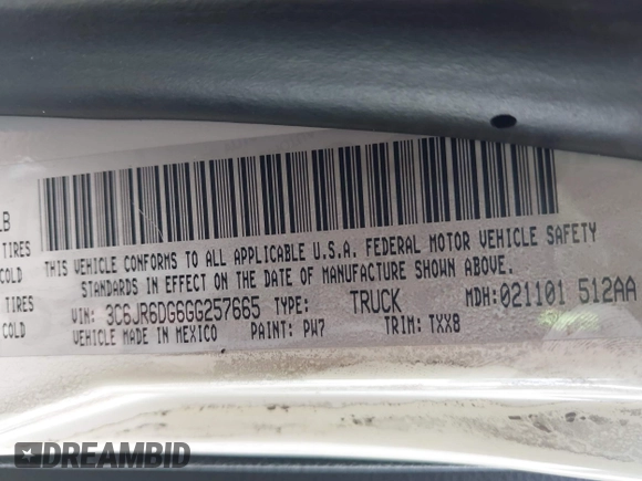 2016 Ram 1500 Tradesman with VIN 3C6JR6DG6GG257665, listed as a IAAI auction lot 42192865 with Not provided miles and . Bid and sale history available at DreamBid. Image 9.