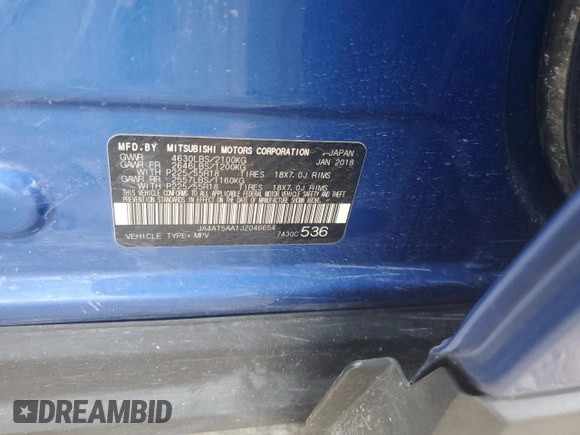 2018 Mitsubishi Eclipse Cross SE with VIN JA4AT5AA1JZ046654, listed as a Copart auction lot 59712635 with 85,527 mi miles and Salvage title. Bid and sale history available at DreamBid. Image 13.