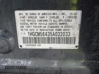 2005 Honda Accord LX z VIN 1HGCM56435A032033, wystawiony jako IAAI lot #42330649 z przebiegiem 236 298 mil mil oraz . Historia ofert i sprzedaży dostępna na DreamBid. Obrazek 9.