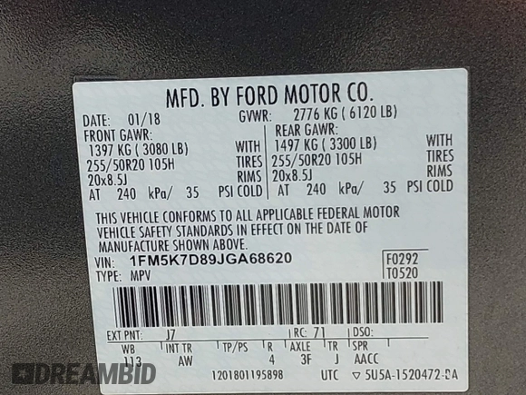 2018 Ford Explorer XLT with VIN 1FM5K7D89JGA68620, listed as a IAAI auction lot 42509964 with 81,548 mi miles and . Bid and sale history available at DreamBid. Image 9.