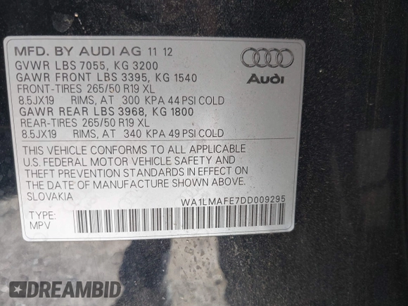 2013 Audi Q7 3.0L TDI Premium Plus with VIN WA1LMAFE7DD009295, listed as a IAAI auction lot 41895084 with 151,954 mi miles. Bid and sale history available at carsss.com. Image 9.