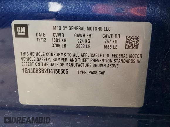 2013 Chevrolet Sonic LT with VIN 1G1JC6SB2D4158666, listed as a Copart auction lot 88226915 with 62,213 mi miles and Clean Title. Bid and sale history available at carsss.com. Image 13.