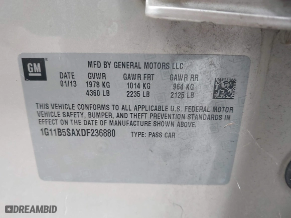 2013 Chevrolet Malibu LS with VIN 1G11B5SAXDF236880, listed as a IAAI auction lot 41897026 with 208,643 mi miles. Bid and sale history available at carsss.com. Image 9.