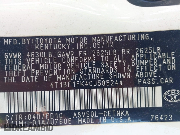 2012 Toyota Camry L with VIN 4T1BF1FK4CU585244, listed as a IAAI auction lot 41888327 with 124,138 mi miles. Bid and sale history available at carsss.com. Image 9.