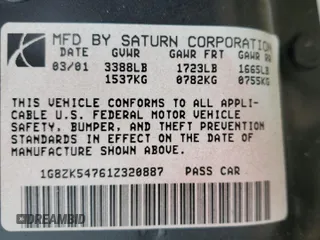 2001 Saturn SL with VIN 1G8ZK54761Z320887, listed as a Copart auction lot 54170885 with 99,265 mi miles and Salvage title. Bid and sale history available at DreamBid. Image 12.