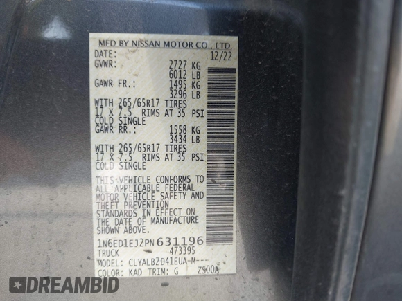 2023 Nissan Frontier SV with VIN 1N6ED1EJ2PN631196, listed as a IAAI auction lot 41841551 with 48,188 mi miles and . Bid and sale history available at DreamBid. Image 9.