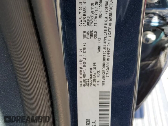 2022 Ram 1500 Limited with VIN 1C6SRFHT4NN121938, listed as a Copart auction lot 48932955 with 21,996 mi miles and Salvage title. Bid and sale history available at DreamBid. Image 13.
