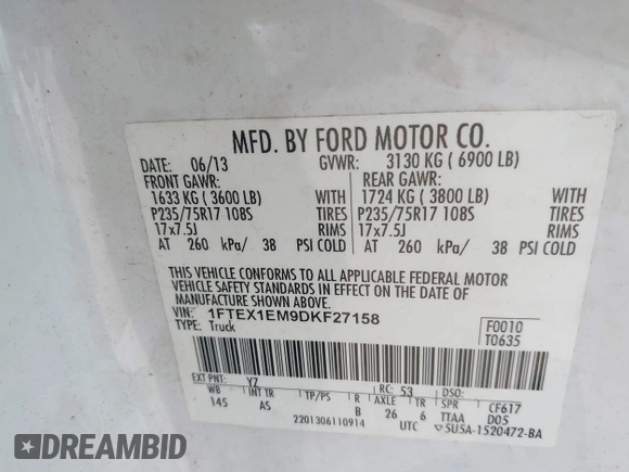 2013 Ford F-150 XL с VIN 1FTEX1EM9DKF27158, выставлен на аукционе IAAI как лот 41893593 с пробегом 254 602 миль миль и . История ставок и продаж доступна на DreamBid. Изображение 9.