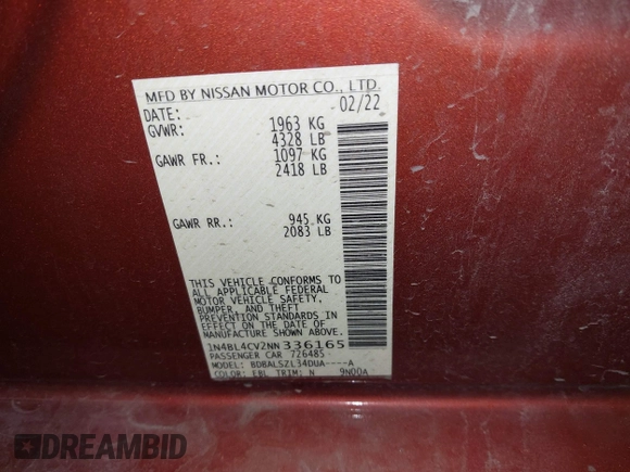 2022 Nissan Altima SR z VIN 1N4BL4CV2NN336165, wystawiony jako IAAI lot #42093865 z przebiegiem 72 340 mil mil oraz . Historia ofert i sprzedaży dostępna na DreamBid. Obrazek 9.