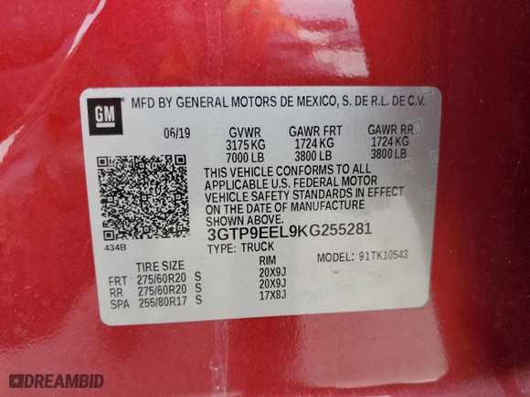 2019 GMC Sierra 1500 AT4 with VIN 3GTP9EEL9KG255281, listed as a Copart auction lot 44189175 with 34,165 mi miles and Salvage Title. Bid and sale history available at carsss.com. Image 15.