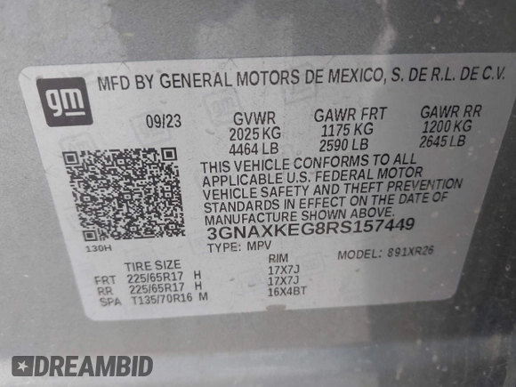 2024 Chevrolet Equinox LT with VIN 3GNAXKEG8RS157449, listed as a IAAI auction lot 42152265 with 39,351 mi miles and . Bid and sale history available at DreamBid. Image 9.
