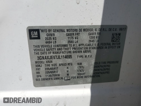 2018 Chevrolet Equinox LT with VIN 3GNAXJEV7JL114695, listed as a Copart auction lot 63435215 with Not provided miles and Salvage title. Bid and sale history available at DreamBid. Image 12.