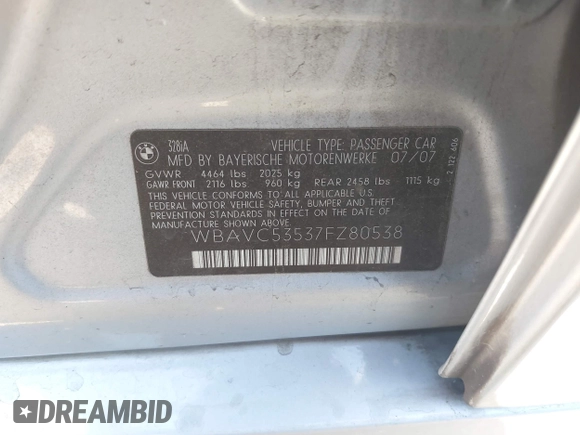 2007 BMW 3 Series 328i with VIN WBAVC53537FZ80538, listed as a IAAI auction lot 42675956 with 235,056 mi miles and . Bid and sale history available at DreamBid. Image 9.