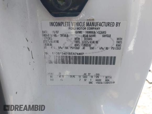 2008 Ford F-350 XL with VIN 1FDSF34518EA74407, listed as a IAAI auction lot 40175787 with 129,180 mi miles and . Bid and sale history available at DreamBid. Image 9.