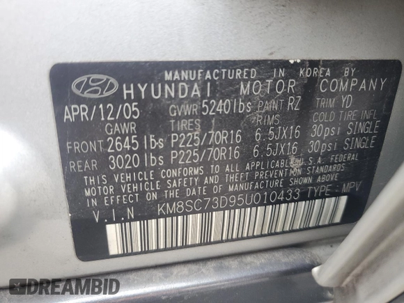 2005 Hyundai Santa Fe GLS with VIN KM8SC73D95U010433, listed as a Copart auction lot 62237784 with 176,627 mi miles and Clean Title. Bid and sale history available at carsss.com. Image 15.