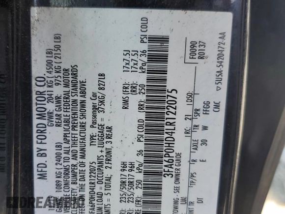 2020 Ford Fusion SE with VIN 3FA6P0HD4LR122075, listed as a Copart auction lot 59009485 with 143,247 mi miles and Salvage title. Bid and sale history available at DreamBid. Image 12.