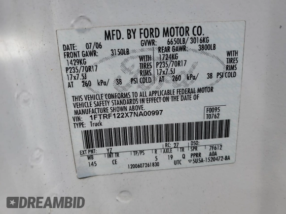 2007 Ford F-150 XL with VIN 1FTRF122X7NA00997, listed as a Copart auction lot 59664585 with 295,172 mi miles and Salvage title. Bid and sale history available at DreamBid. Image 12.