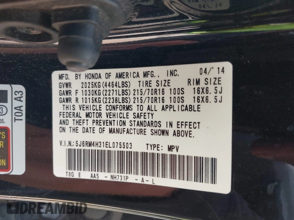 2014 Honda CR-V LX with VIN 5J6RM4H31EL075503, listed as a IAAI auction lot 41804295 with 163,762 mi miles. Bid and sale history available at carsss.com. Image 9.