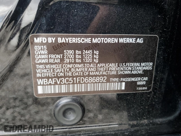 2015 BMW 5 Series 535d xDrive with VIN WBAFV3C51FD686892, listed as a Copart auction lot 81410224 with 109,264 mi miles and Salvage title. Bid and sale history available at DreamBid. Image 12.