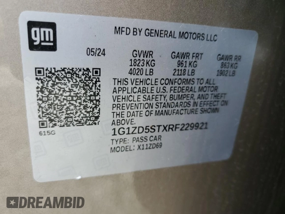2024 Chevrolet Malibu LT with VIN 1G1ZD5STXRF229921, listed as a Copart auction lot 54348655 with 23,368 mi miles and Salvage Title. Bid and sale history available at DreamBid. Image 12.