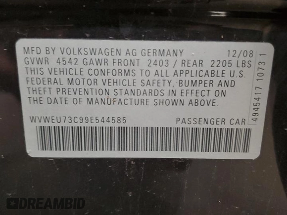 2009 Volkswagen CC Sport with VIN WVWEU73C99E544585, listed as a Copart auction lot 54197555 with 137,768 mi miles and Clean Title. Bid and sale history available at DreamBid. Image 12.