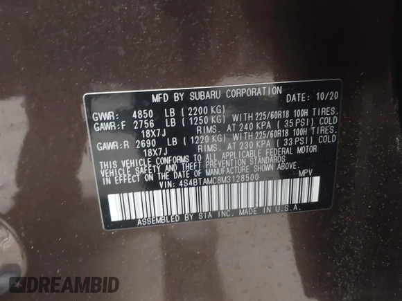 2021 Subaru Outback Limited with VIN 4S4BTAMC8M3128500, listed as a IAAI auction lot 42361689 with 29,599 mi miles and . Bid and sale history available at DreamBid. Image 9.