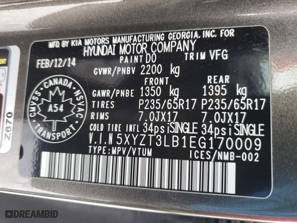 2014 Hyundai Santa Fe Sport with VIN 5XYZT3LB1EG170009, listed as a Copart auction lot 89091215 with 0 mi miles and Salvage Title. Bid and sale history available at carsss.com. Image 14.