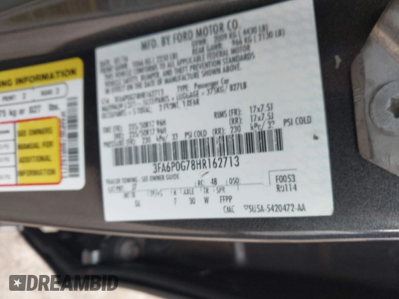 2017 Ford Fusion S with VIN 3FA6P0G78HR162713, listed as a IAAI auction lot 40820457 with 86,602 mi miles. Bid and sale history available at carsss.com. Image 9.