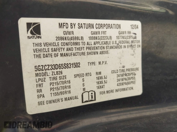 2005 Saturn VUE with VIN 5GZCZ33D65S831502, listed as a IAAI auction lot 42203901 with 118,662 mi miles and . Bid and sale history available at DreamBid. Image 9.