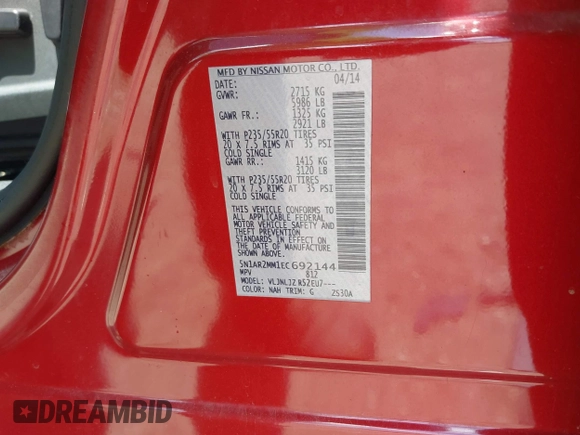 2014 Nissan Pathfinder S z VIN 5N1AR2MM1EC692144, wystawiony jako IAAI lot #42210640 z przebiegiem 128 979 mil mil oraz . Historia ofert i sprzedaży dostępna na DreamBid. Obrazek 9.