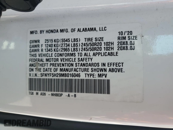 2021 Honda Pilot Special Edition with VIN 5FNYF5H29MB016046, listed as a Copart auction lot 58736015 with 63,600 mi miles and Salvage title. Bid and sale history available at DreamBid. Image 13.