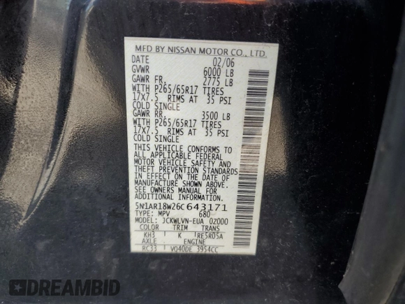 2006 Nissan Pathfinder SE с VIN 5N1AR18W26C643171, выставлен на аукционе Copart как лот 57484075 с пробегом Не указан миль и Списание • Salvage title. История ставок и продаж доступна на DreamBid. Изображение 13.
