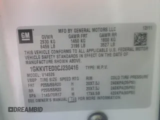 2012 GMC Acadia Denali with VIN 1GKKVTED3CJ230416, listed as a Copart auction lot 52374555 with 147,840 mi miles and Salvage Title. Bid and sale history available at carsss.com. Image 16.