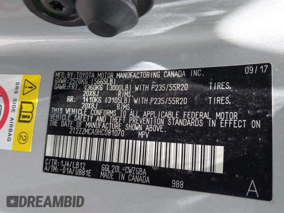 2017 Lexus RX 350 with VIN 2T2ZZMCA9HC081070, listed as a IAAI auction lot 42378070 with 90,810 mi miles and . Bid and sale history available at DreamBid. Image 9.