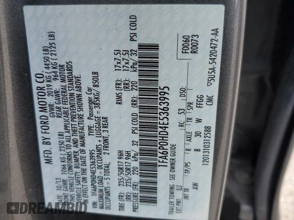 2014 Ford Fusion SE with VIN 1FA6P0HD4E5363995, listed as a Copart auction lot 54519075 with 185,143 mi miles and Clean Title. Bid and sale history available at carsss.com. Image 12.