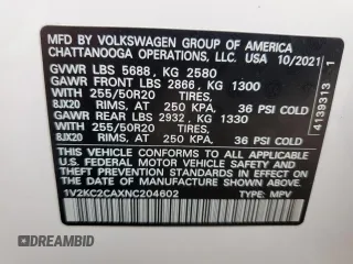 2022 Volkswagen Atlas SE with VIN 1V2KC2CAXNC204602, listed as a Copart auction lot 47306435 with 52,641 mi miles and Salvage title. Bid and sale history available at DreamBid. Image 14.
