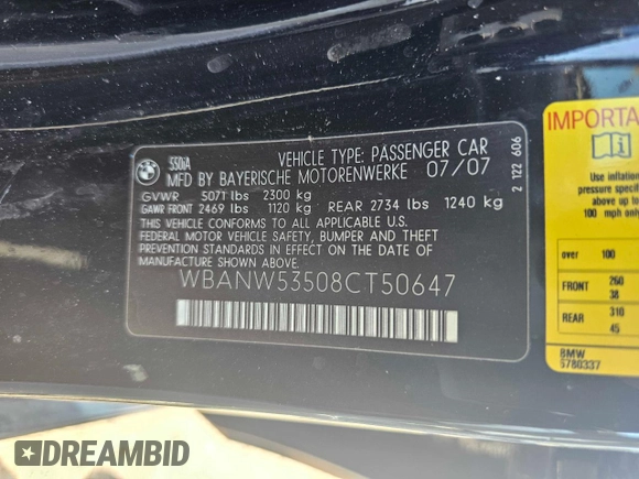 2008 BMW 5 Series 550i with VIN WBANW53508CT50647, listed as a Copart auction lot 89278285 with 153,738 mi miles and Clean Title. Bid and sale history available at carsss.com. Image 10.