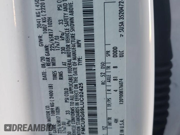 2020 Ford Escape SE with VIN 1FMCU9G69LUC02425, listed as a Copart auction lot 89215585 with 101,876 mi miles and Clean Title. Bid and sale history available at DreamBid. Image 13.
