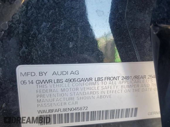 2014 Audi A4 Premium with VIN WAUBFAFL8EN045872, listed as a Copart auction lot 45340125 with 0 mi miles and Salvage Title. Bid and sale history available at carsss.com. Image 12.