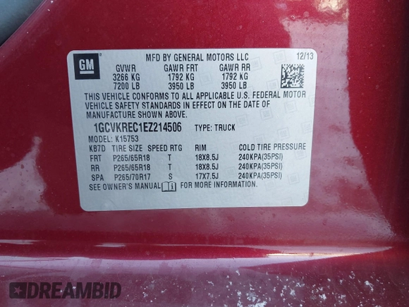 2014 Chevrolet Silverado 1500 LT with VIN 1GCVKREC1EZ214506, listed as a IAAI auction lot 41316320 with 128,519 mi miles and . Bid and sale history available at DreamBid. Image 9.