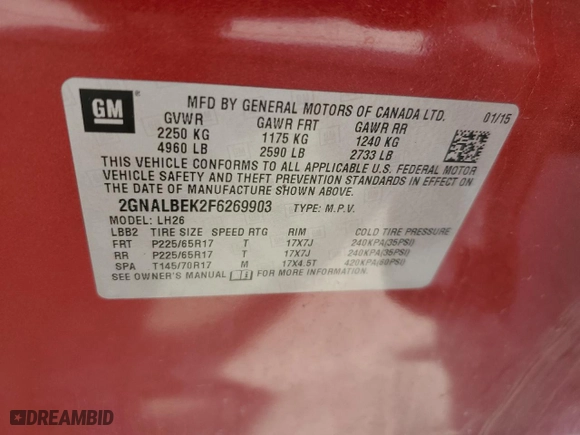 2015 Chevrolet Equinox LT with VIN 2GNALBEK2F6269903, listed as a Copart auction lot 53305345 with 161,858 mi miles and Salvage Title. Bid and sale history available at carsss.com. Image 13.