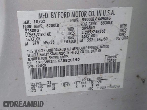 2003 Ford F-350 XL z VIN 1FTSW31F63EB28150, wystawiony jako IAAI lot #41600324 z przebiegiem Nie podano mil oraz . Historia ofert i sprzedaży dostępna na DreamBid. Obrazek 9.