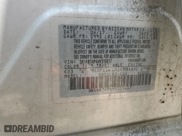 2017 Nissan Sentra S with VIN 3N1AB7AP4HY315617, listed as a Copart auction lot 55106835 with 87,561 mi miles and Salvage Title. Bid and sale history available at DreamBid. Image 13.