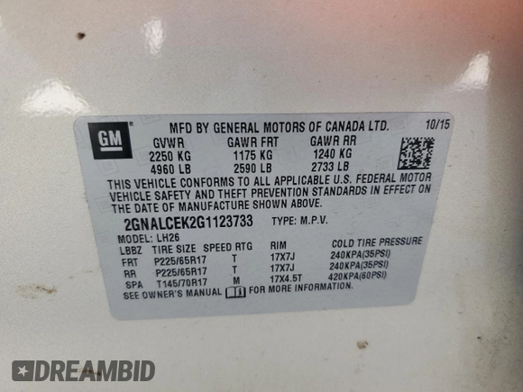 2016 Chevrolet Equinox LT z VIN 2GNALCEK2G1123733, wystawiony jako Copart lot #57570065 z przebiegiem Nie podano mil oraz Czysty tytuł • Clean title. Historia ofert i sprzedaży dostępna na DreamBid. Obrazek 13.