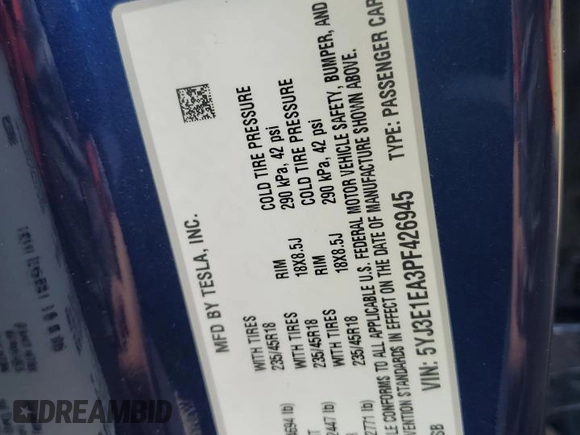 2023 Tesla Model 3 с VIN 5YJ3E1EA3PF426945, выставлен на аукционе Copart как лот 62584185 с пробегом Не указан миль и Списание • Salvage title. История ставок и продаж доступна на DreamBid. Изображение 12.