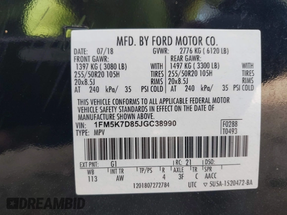 2018 Ford Explorer XLT with VIN 1FM5K7D85JGC38990, listed as a IAAI auction lot 42004295 with 147,499 mi miles and . Bid and sale history available at DreamBid. Image 9.